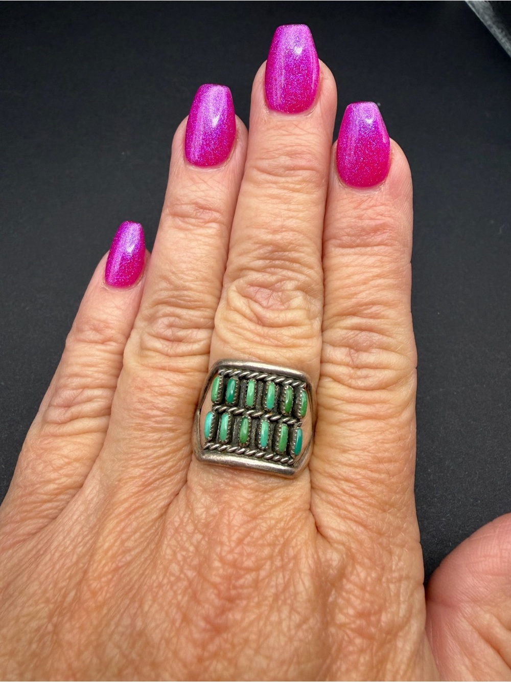 Vintage Turquoise Row Ring Silver Zuni Style Petit Point Southwestern Size 8